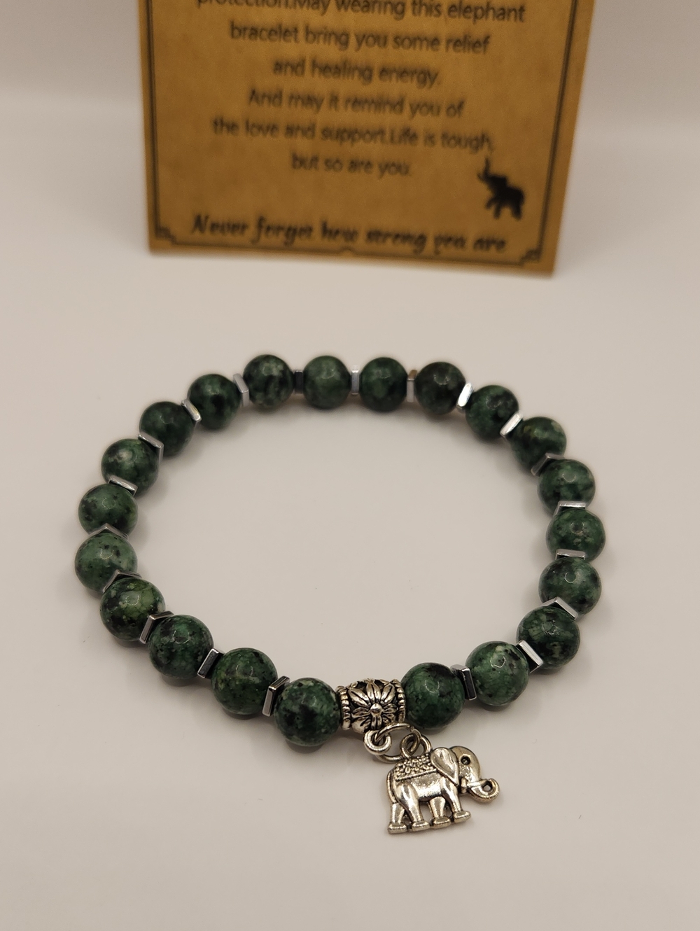 Green Natural Stone Inspirational Elephant Stretch  Bracelet